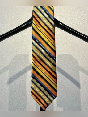 Geoffrey Beene Orange, Yellow & Navy Diagonal Stripe Silk Tie - Stain-Resistant!